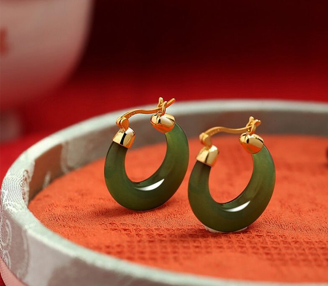 Crescent Moon Jade Hoop Earrings,18k Gold Hetian Jade Hoops,green Hoop