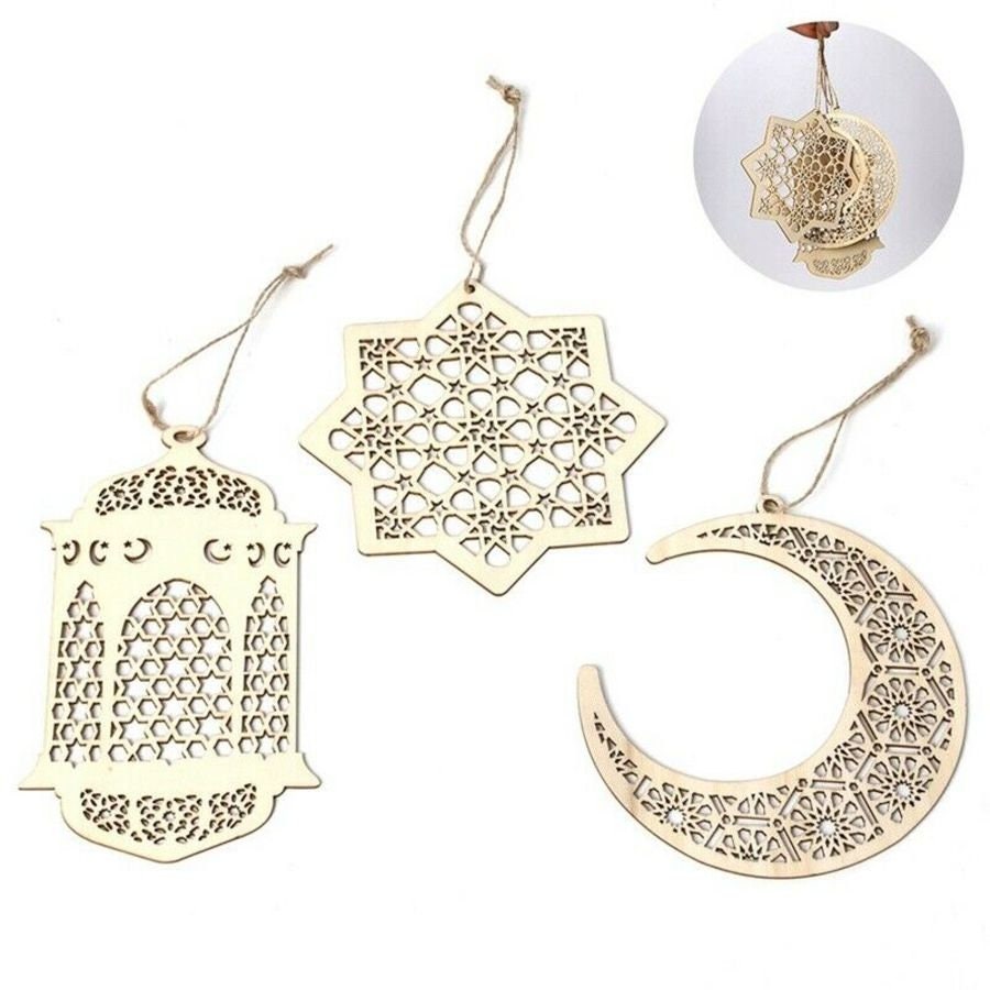3x Eid Mubarak Ramadan Decorations Wooden Hanging Pendant Plaque Sign