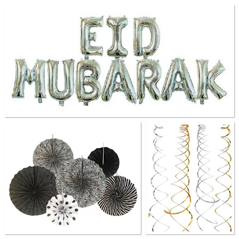 Eid Mubarak Bunting,Gold Silver Round Lanterns /& Gold Confetti Decoration Set