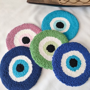 Boho Punch Needle Cup Coasters, Colorful Evil Eye Design, Coffee Table Decor, Unique Housewarming Gift