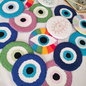 Evil Eye Punch Needle Cup Coaster, Handmade Mug Rug, Drink Mat, Coffee Table Decor, Dorm Room Decor