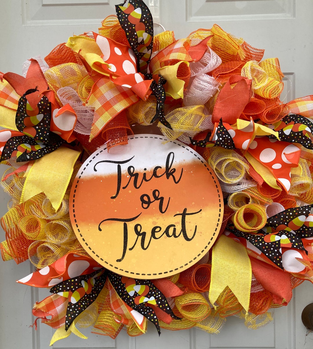 Halloween Deco Mesh Wreath With Candy Corn Trick or Treat Sign - Etsy