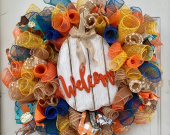 Fall White Pumpkin Welcome Deco Mesh Wreath