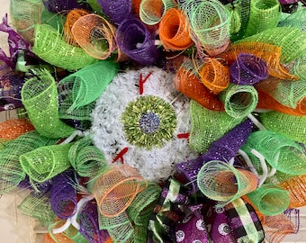 Halloween Deco Mesh Wreath with a Green Tinsel Eye