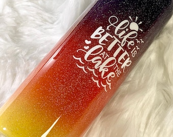 Lake Life Sunset Glitter Tumbler