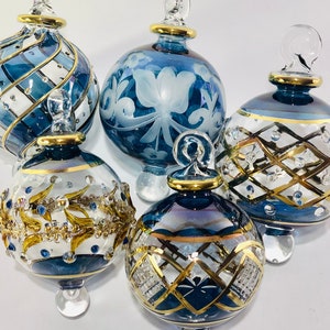 Set of 5 Egyptian hand blown glass ornaments decorative by gold mouth blown glass tree decoration