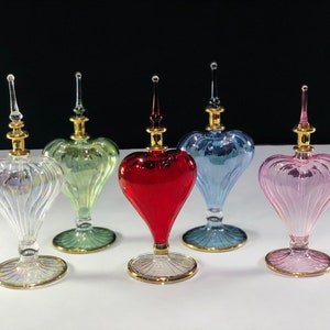 Egyptian hand blown perfume bottle heart 6” high painted by 14 kart gold mouth blown perfume heart fused glass art