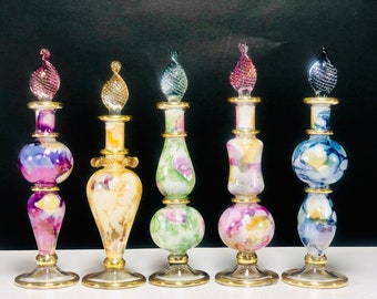 Set of five (variety back) Egyptian hand blown glass perfume bottles decorative by gold 14k marble glass effect color 4 inches oil bottle