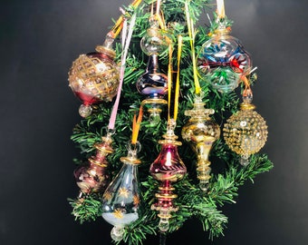 Set of eight Egyptian hand blown glass ornaments decorative by 14 k gold size from 3 to 4 inches length Christmas set Egyptian ornaments