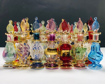 wholesale set of 20 miniature Egyptian hand blown glass perfume bottles decorative by gold 14 k genie , potion 2 inches bottles