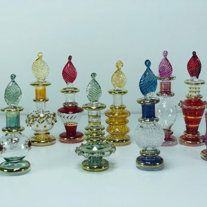 Set of 10 tiny Egyptian hand blown  glass perfume bottles 2” length painted by 14 kart gold  Egyptian Miniatures bottle