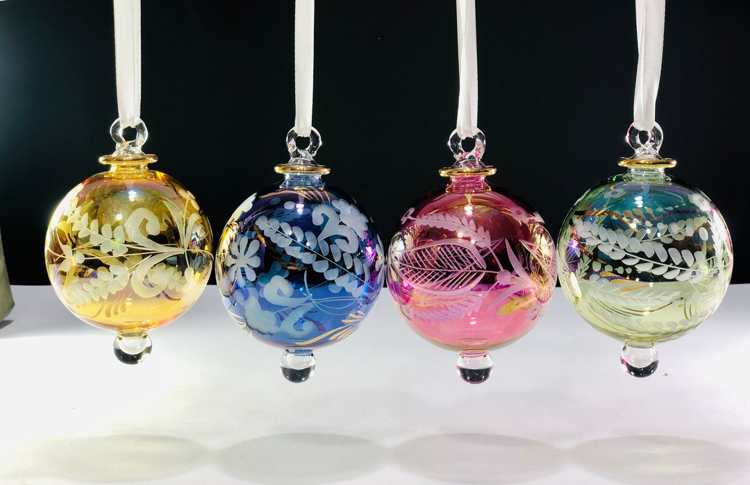 Set of Four Engraved Egyptian Hand Blown Glass Ornaments Decorative by