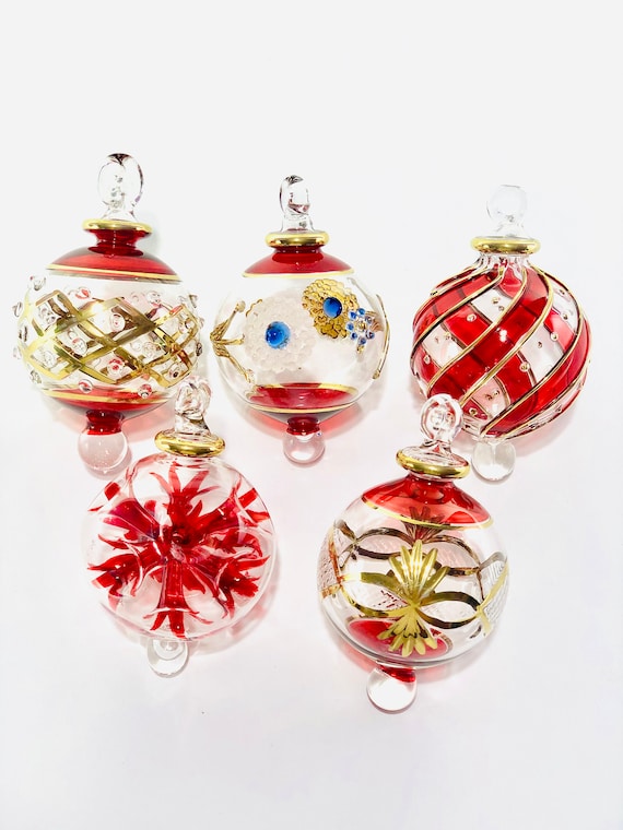 Set of 5 Egyptian hand blown glass ornaments decorative by gold mouth blown glass tree decoration
