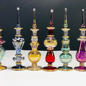 Sat of six (variety back) Egyptian hand blown glass perfume bottle decorative by 14k gold 4 inches Egyptian oil glass bottle