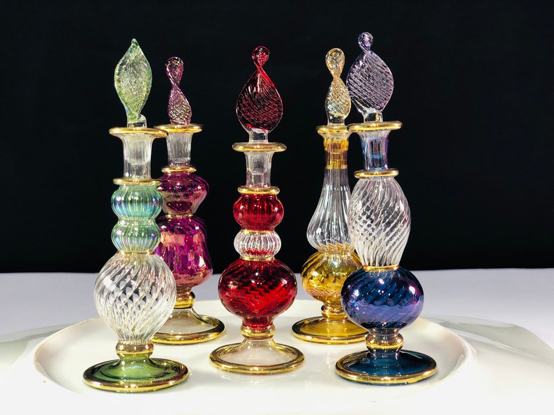 Set Of 5 Egyptian Hand Blown Glass Perfume Bottles Gold Etsy