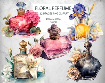 Può includere: Illustrazione ad acquerello di bottiglie di profumo con accenti floreali. L'immagine presenta varie bottiglie nei toni del rosa, oro e nero, adornate con fiori come rose, ortensie e iris. Il testo recita "FLORAL PERFUME 22 IMAGES PNG CLIPART".