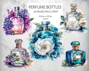 May include: Watercolor illustrations of perfume bottles with floral accents. The bottles are various shapes and colors, including purple, blue, and clear, with decorative stoppers. The text "PERFUME BOTTLES" is at the top.