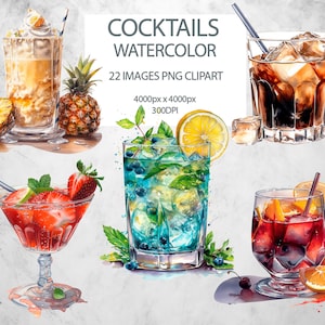 Clipart Cocktails, 22 PNG Printable Journal, Watercolor cocktail, Junk Journaling