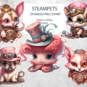 Steampunk Clipart Bundle, 24 Png pets clip art, Steampunk animals clipart