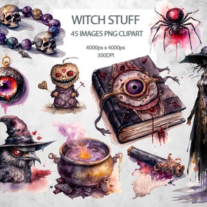May include: Watercolour illustrations of witch-themed items, including a skull bracelet, a book with an eye, a cauldron with purple liquid, a spider, and a witch figure. The text "Witch Stuff" is displayed.