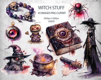 45 Png Clipart Witch stuff, Watercolor Dark Witch clip art Bundle Witchcraft printable, Commercial use