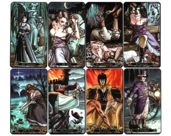 May include: A set of 10 tarot cards with gothic illustrations. The cards feature a variety of characters and scenes, including a woman in a white dress, a man in a top hat, and a woman with a crown. The cards are black with gold trim.