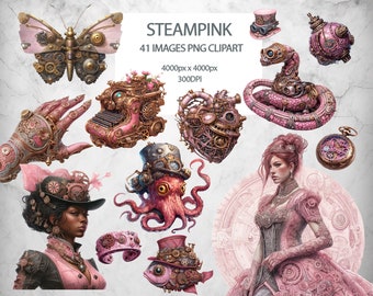 Steampunk Clipart Bundle, 41 clip art vittoriane Png, animali Steampunk, Scrapbooking, creazione di carta digitale