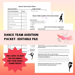 May include: A pink and white printable dance team audition packet with a pink and white star design. The packet includes a score sheet, audition information, and a participant application. The text on the packet reads "Dance Team Audition Packet - Editable File".