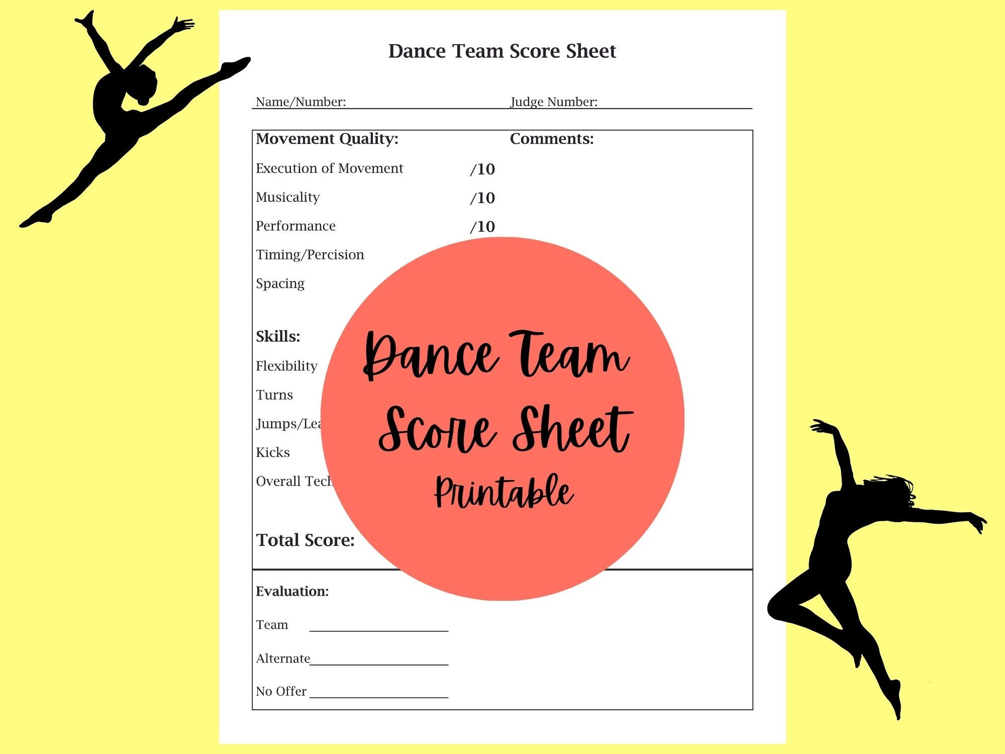 Dance Team Score Sheet Printable Etsy