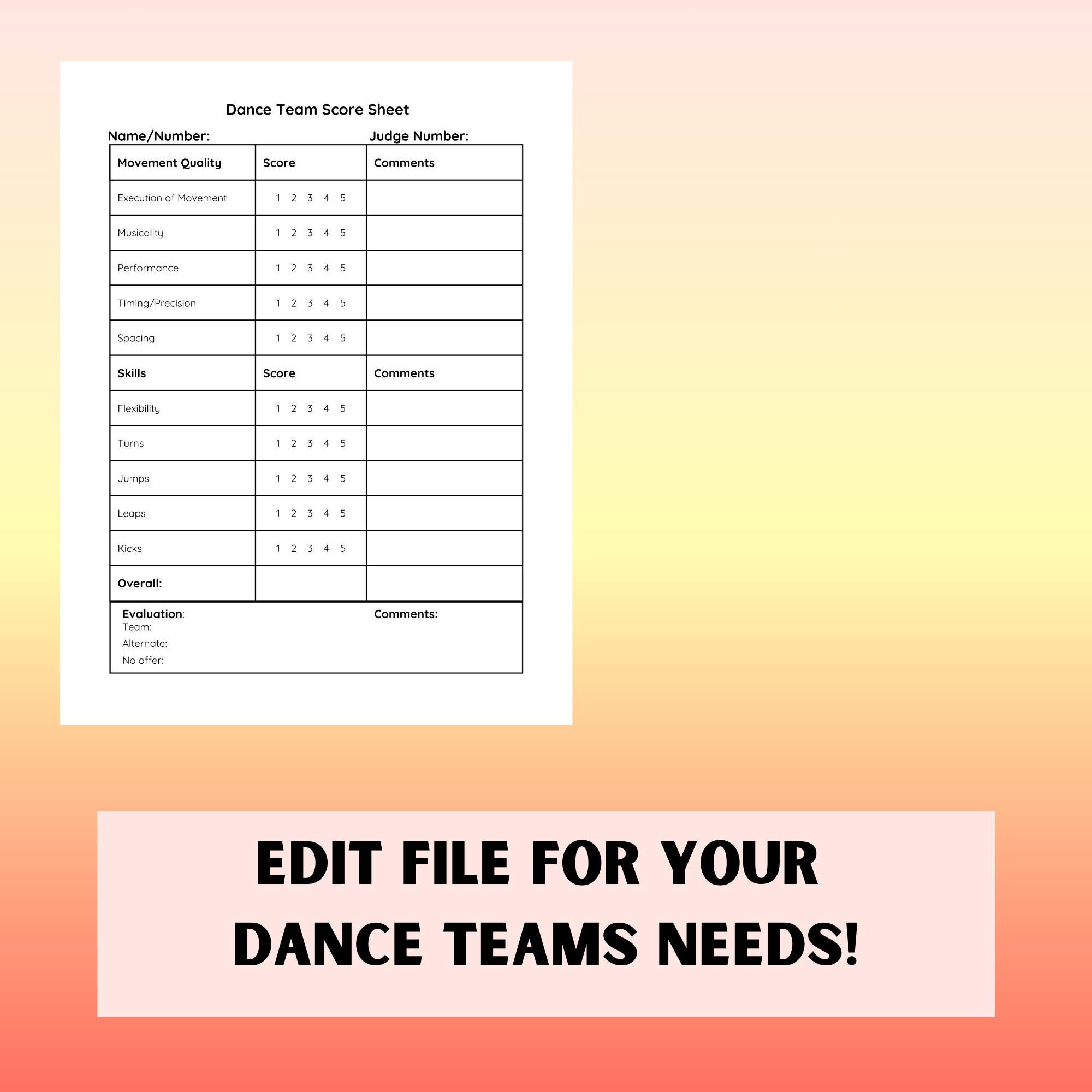 Editable Dance Team Score Sheet - Etsy