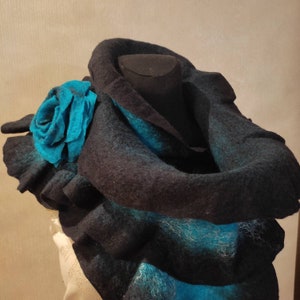 Wonderful, elegant, beautiful and unique felt woolen scarf with flower felted warm gift for Womens shawl