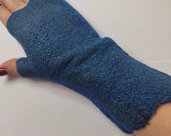 Chauffe-bras en laine bleue feutrés uniques faits à la main GANTS sans doigts écologiques, Gants en laine feutrée, Cadeau pour femmes et filles