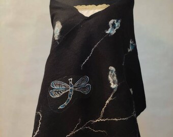 Unique felt woolen scarf with dragonflies and lady -bug painting on natural silk