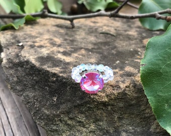 Pink Crystal, AB Bead Stretch Ring