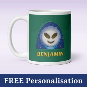 The Explorer; Emoji-style Alien, Green and Blue Personalized ceramic mug