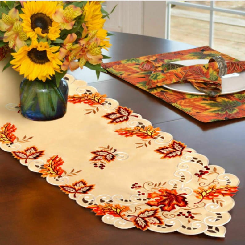 Embroidered Fall Table Runner Handmade Maple Leaves Table Etsy