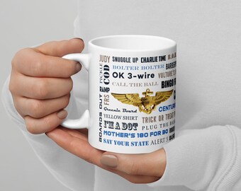 Naval Air "Say Again" Mug With F/A-18 Super Hornet and Language of Aircraft Carrier Flight Operations