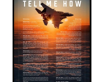 F-15E Strike Eagle Metallic print ready to hang with the Tell Me How description of military flight.