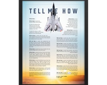F-14 Tomcat with blue sky, with Tell Me How description of military flight, framed and ready for hanging.
