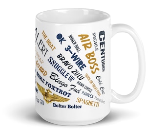 F-14 Tomcat With Words Used In Carrier Operations.  Say Again White glossy mug
