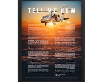 Blackhawk, sunset.  Framed and ready for hanging, with Tell Me How description of military flight.