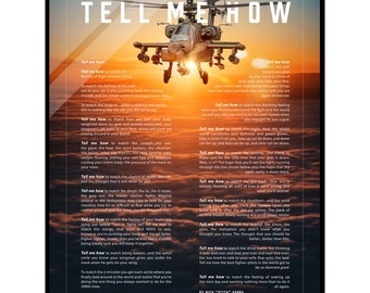The Apache Helicopter Acrylic print ready to hang with the Tell Me How description of military flight.