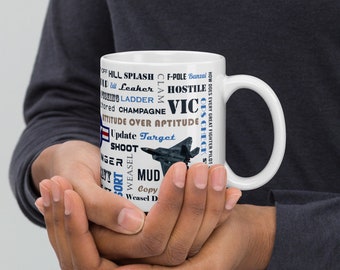 Our "Say Again" Military Aviation Mug with F-22 and Cockpit Talk