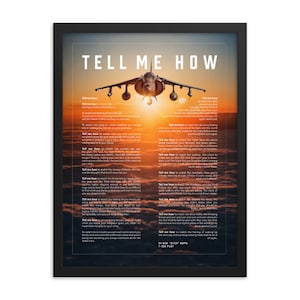 AV-8B Harrier sunset, with Tell Me How description of military flight. Framed and ready for hanging.