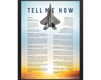 F-22 Raptor against a blue sky, with Tell Me How description of military flight, framed and ready for hanging.