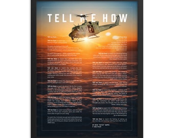 Huey, sunset, with Tell Me How ode to military flight,  framed and ready for hanging. Helicopter series.