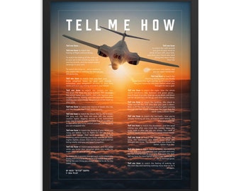 B-1B Lancer bomber, sunset with Tell Me How description of military flight,  framed and ready for hanging.