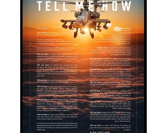 Apache Metallic print ready to hang with the Tell Me How description of military flight.