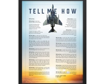 F-4 Phantom with blue sky. Framed and ready for hanging with Tell Me How description of military flight.