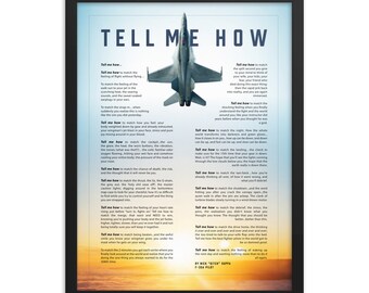 F-18 Hornet against blue sky, with Tell Me How description of military flight, framed and ready for hanging.